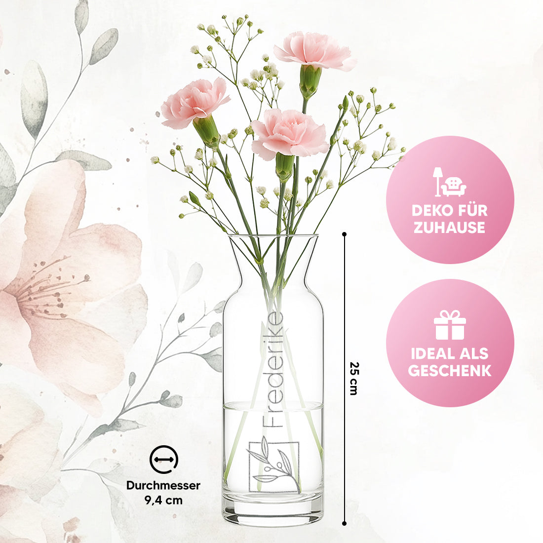 Karaffen-Vase mit Gravur Blumen Quadrat