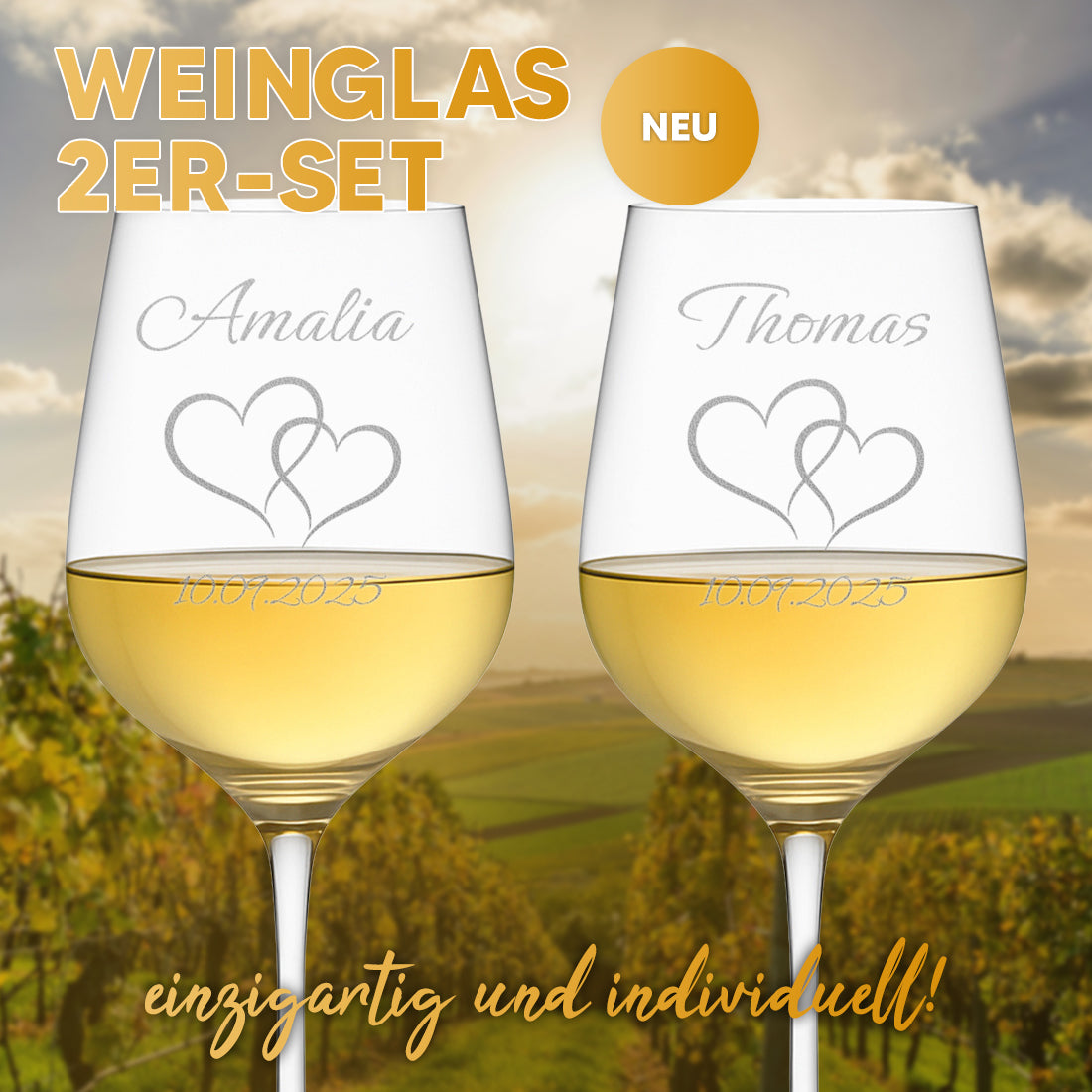 2 Weingläser mit personalisierter Gravur für Hochzeit & Jahrestag