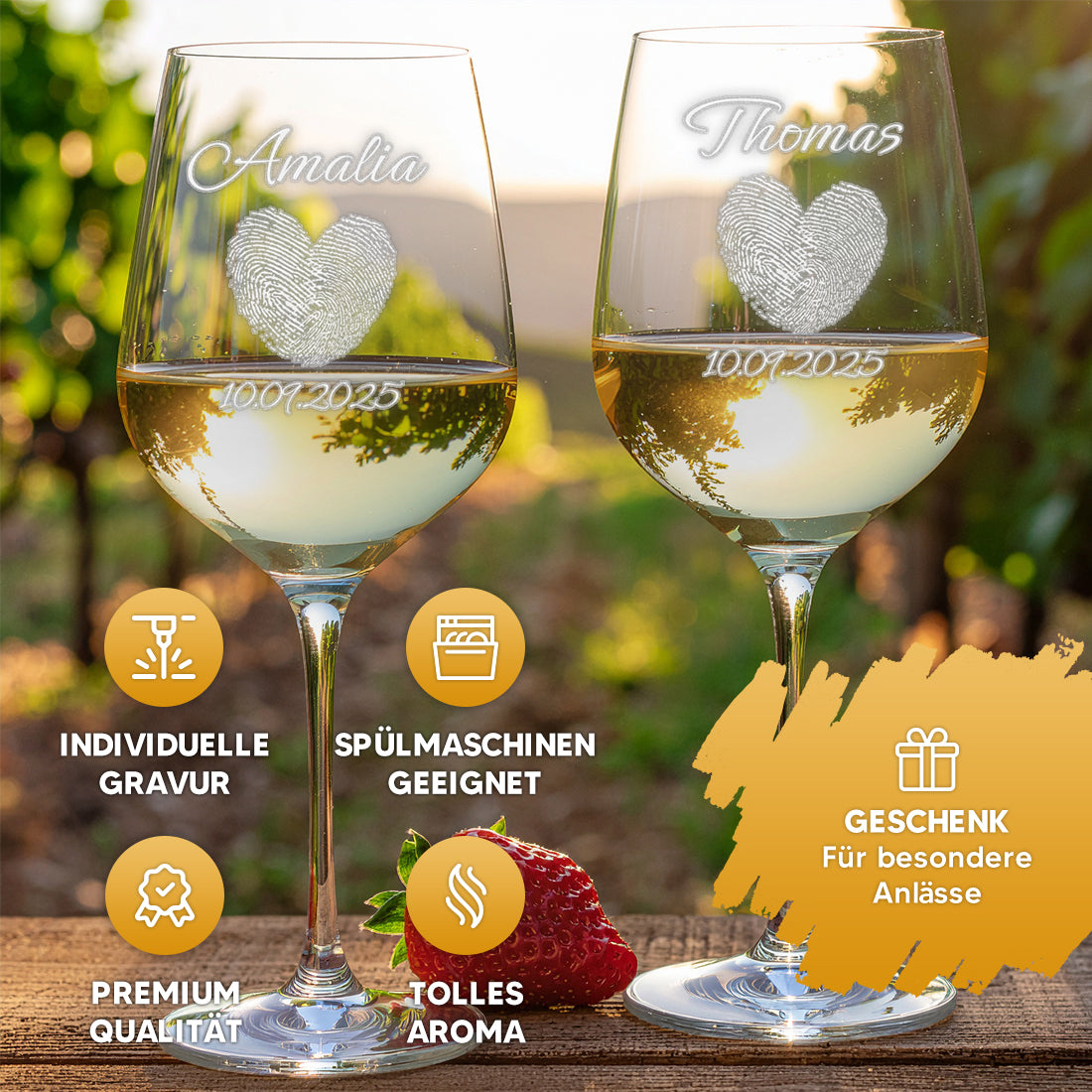 2 Weingläser mit personalisierter Gravur für Hochzeit & Jahrestag