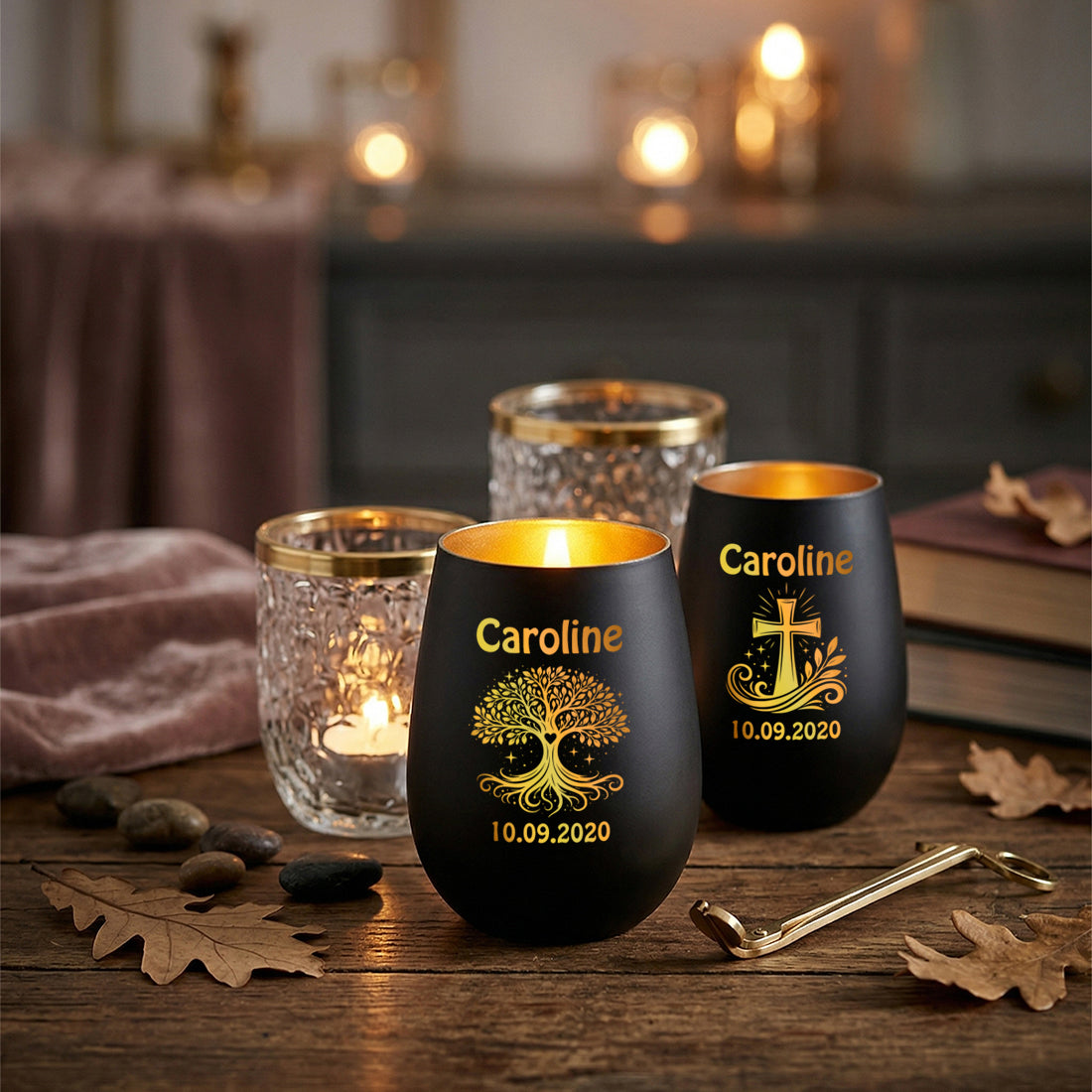 Personalisiertes Teelicht Schwarz-Gold mit Gravur - Name & Datum selbst gestalten