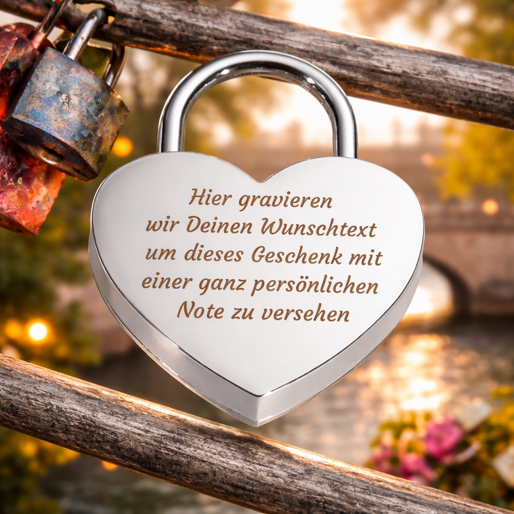 Vorhängeschloss Herz personalisiert - Liebesschloss mit Wunschtext Gravur