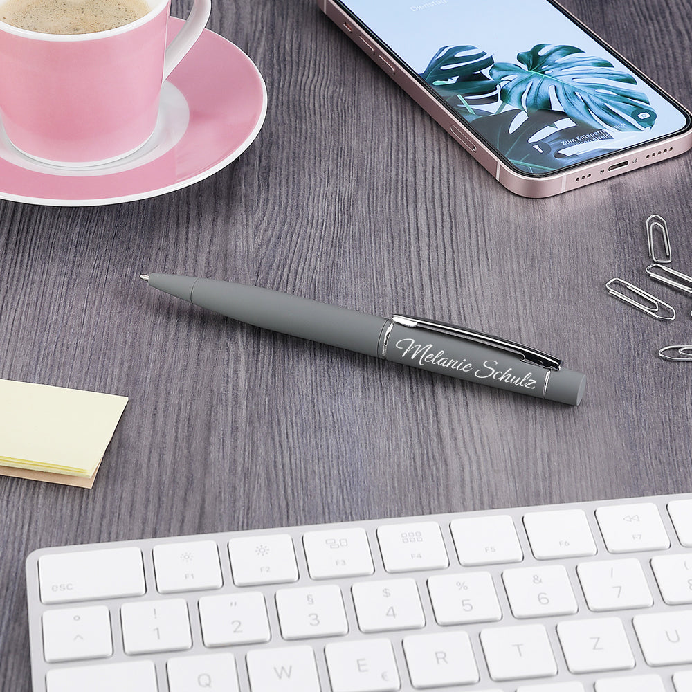 Moderner Metall-Drehkugelschreiber in Grau mit Gravur