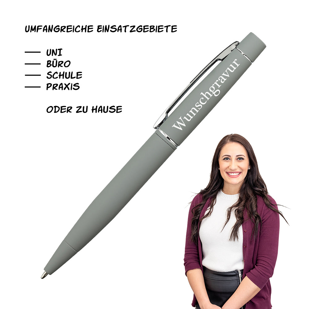 Moderner Metall-Drehkugelschreiber in Grau mit Gravur
