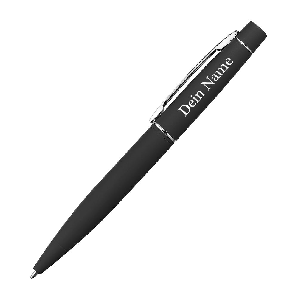 Edler Metall-Drehkugelschreiber in Schwarz mit brillanter Spiegelgravur