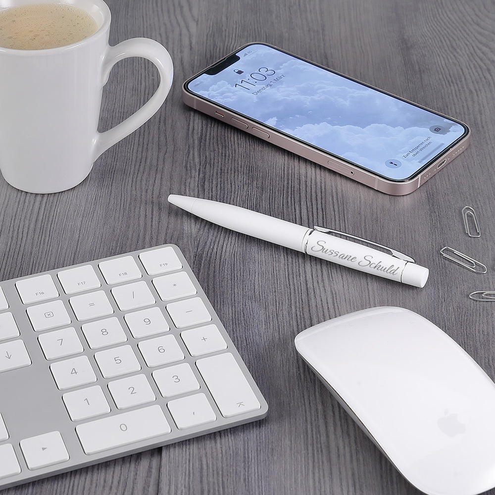 Eleganter Metall-Drehkugelschreiber in Weiß personalisiert