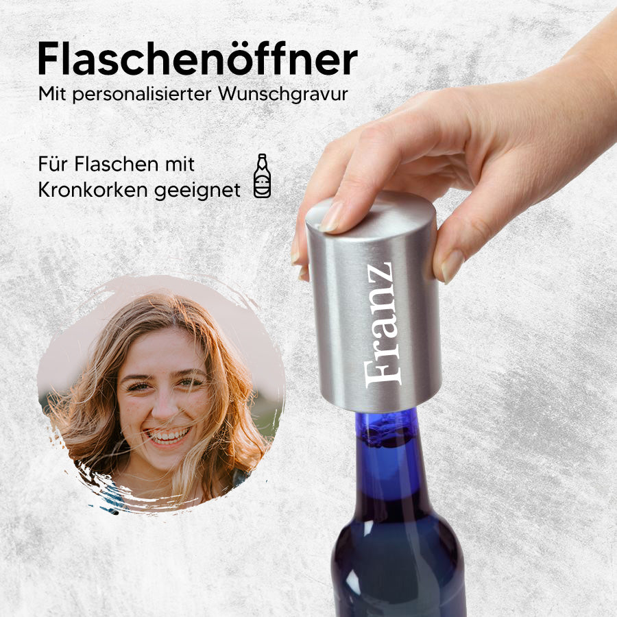 Personalisierter Push-Up Flaschenöffner mit Wunschgravur - In 3 Farben (Silber, Schwarz, Gold
