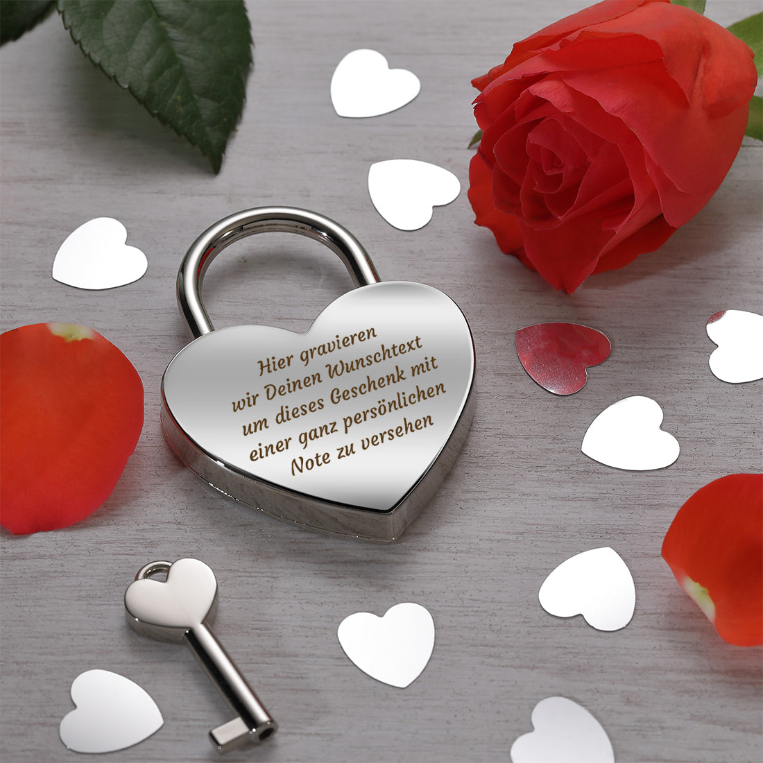 Vorhängeschloss Herz personalisiert - Liebesschloss mit Wunschtext Gravur