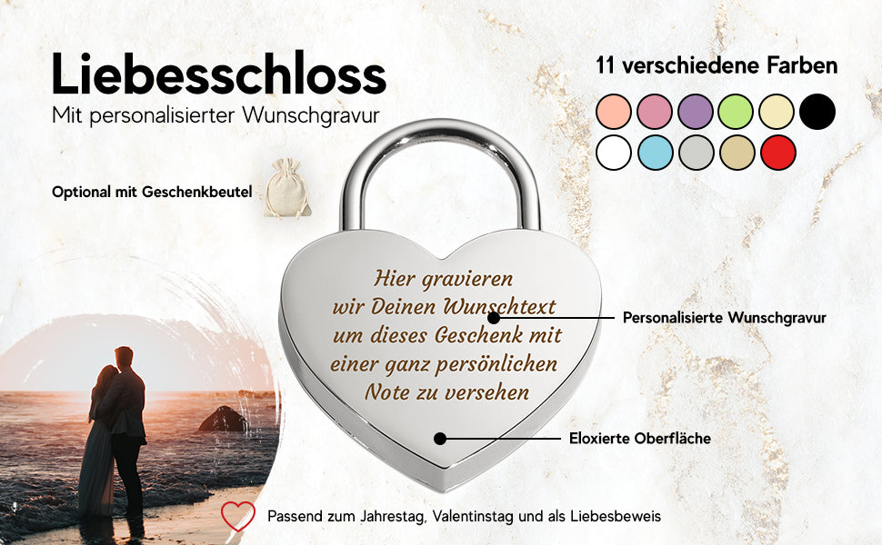 Vorhängeschloss Herz personalisiert - Liebesschloss mit Wunschtext Gravur