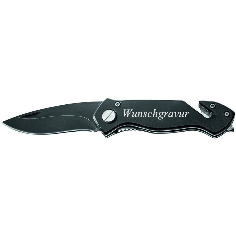 Personalisiertes Rettungsmesser – Schwarz, mit Gravur & Glasbrecher
