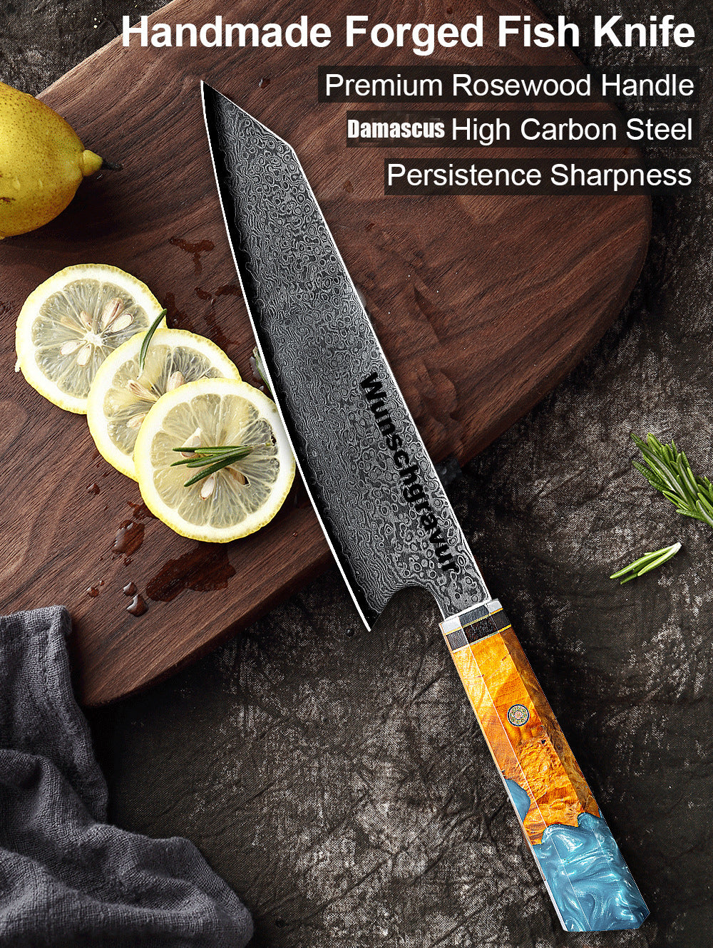 Personalisiertes Damast-Kochmesser - Japanische Schmiedekunst mit Gravur