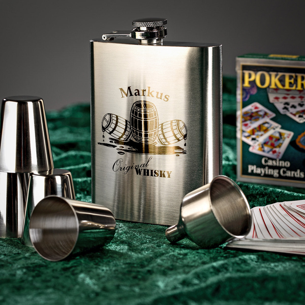 Edelstahl Flachmann Set mit Gravur & Bechern (195ml) personalisiert