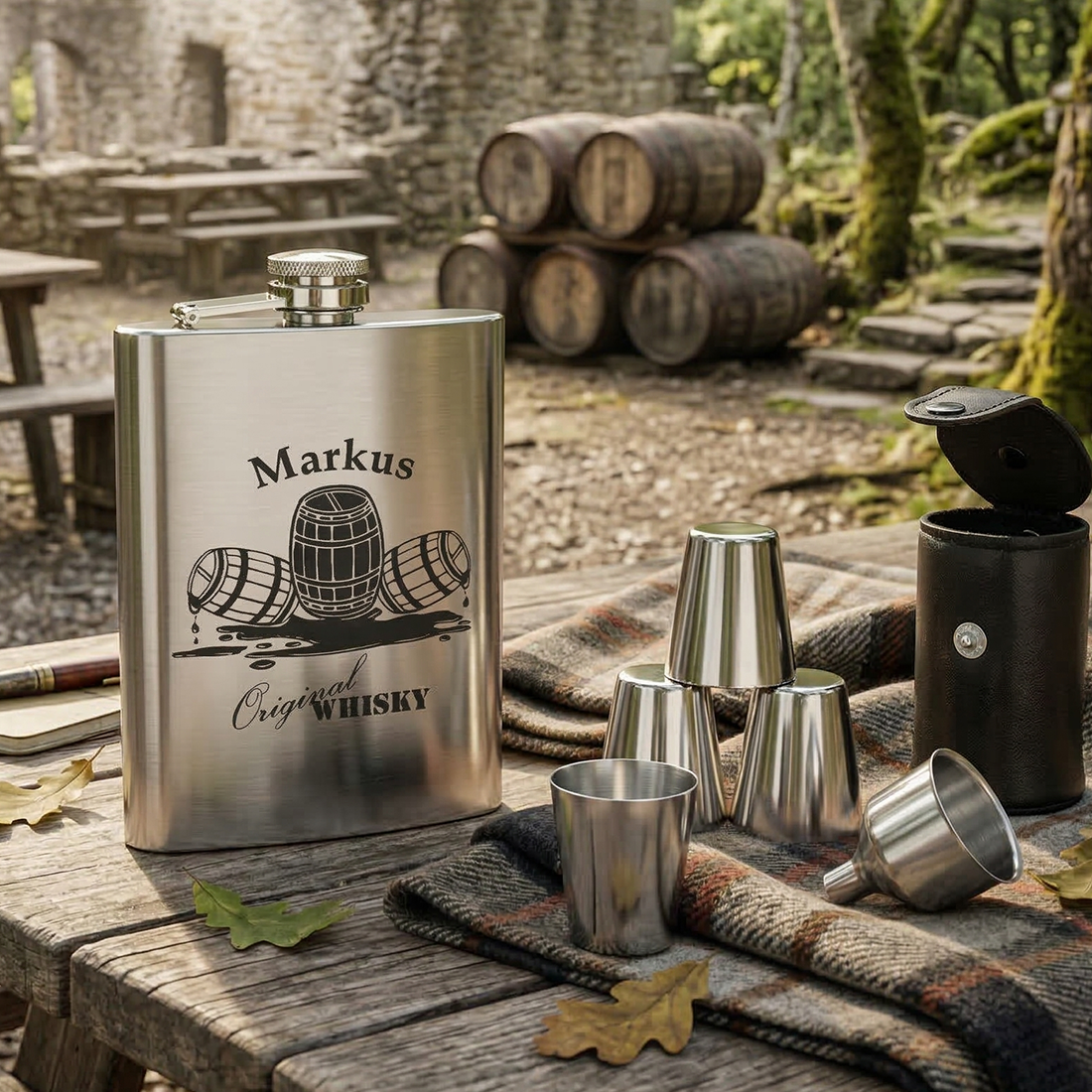 Edelstahl Flachmann Set mit Gravur & Bechern (195ml) personalisiert