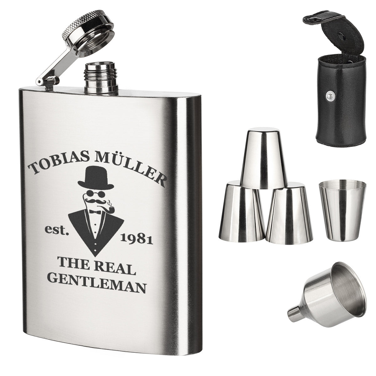 Personalisiertes Männer-Geschenk: 7-tlg. Flachmann-Set aus Edelstahl