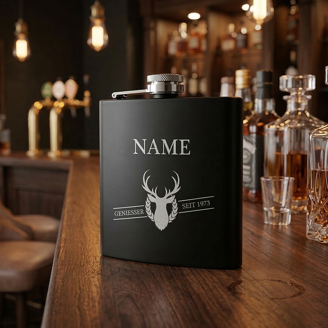 Flachmann mit Gravur personalisiert Schwarz Matt