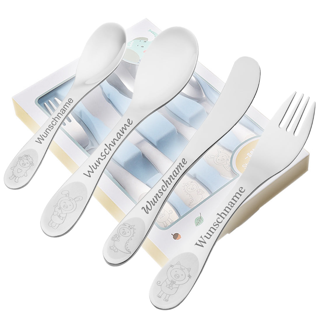 Kinderbesteck mit Gravur | 4-teilig Edelstahl | Personalisiertes Taufgeschenk mit Tiermotiven
