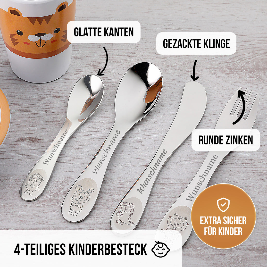 Kinderbesteck mit Gravur | 4-teilig Edelstahl | Personalisiertes Taufgeschenk mit Tiermotiven