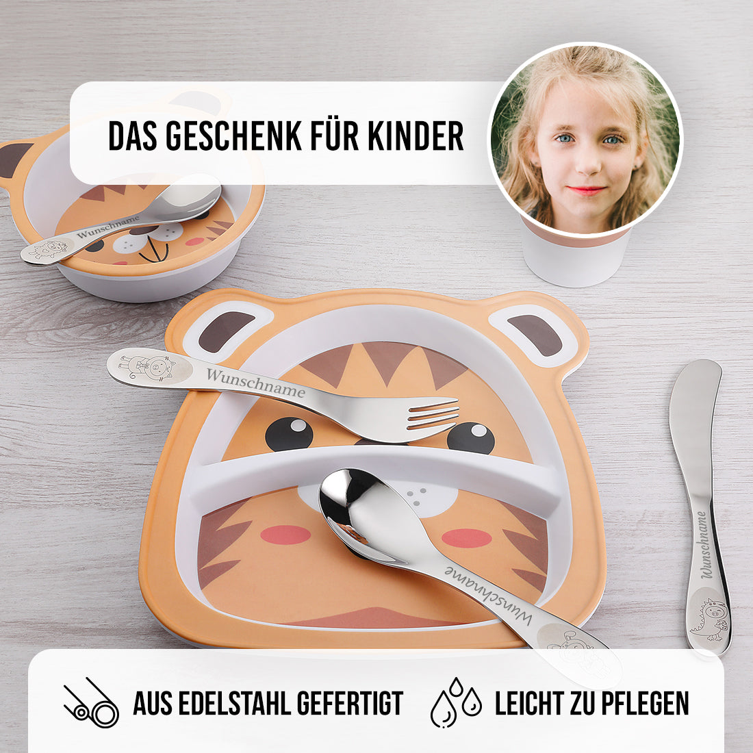 Kinderbesteck mit Gravur | 4-teilig Edelstahl | Personalisiertes Taufgeschenk mit Tiermotiven