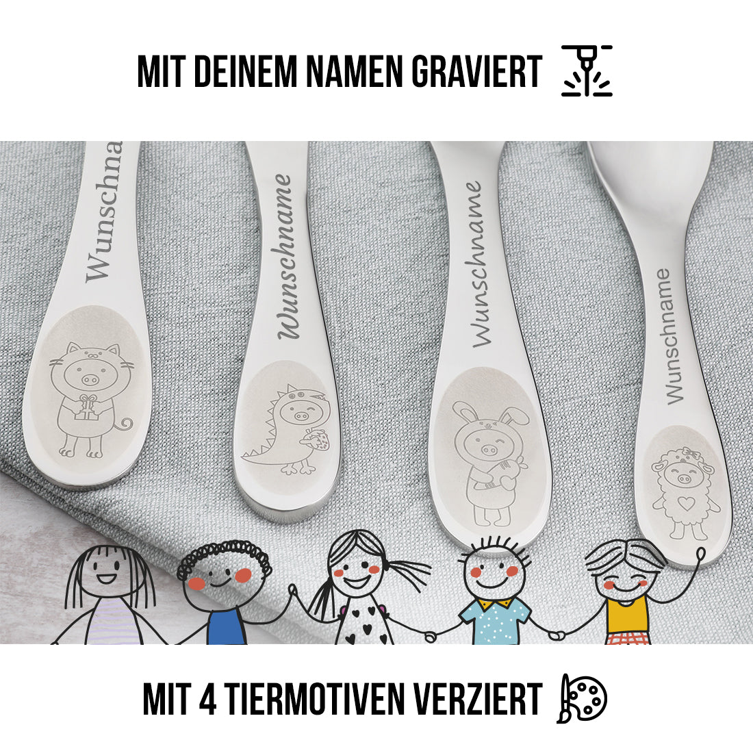 Kinderbesteck mit Gravur | 4-teilig Edelstahl | Personalisiertes Taufgeschenk mit Tiermotiven