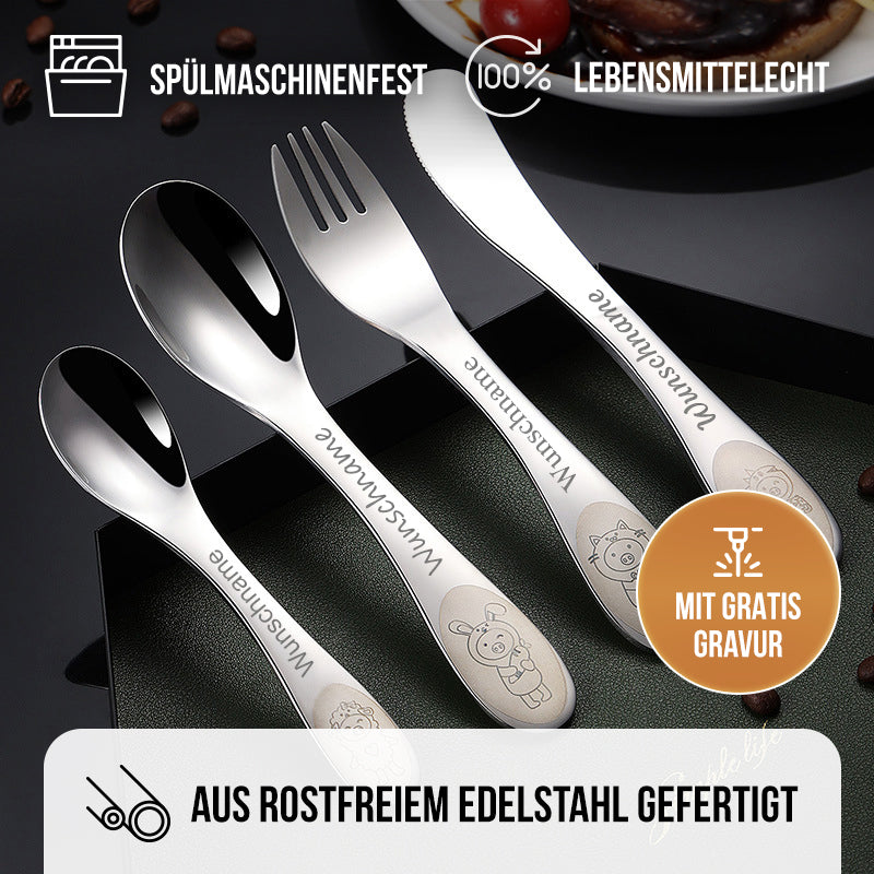 Kinderbesteck mit Gravur | 4-teilig Edelstahl | Personalisiertes Taufgeschenk mit Tiermotiven