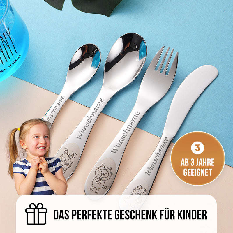 Kinderbesteck mit Gravur | 4-teilig Edelstahl | Personalisiertes Taufgeschenk mit Tiermotiven