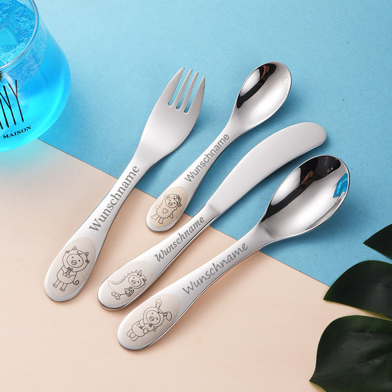 Kinderbesteck mit Gravur | 4-teilig Edelstahl | Personalisiertes Taufgeschenk mit Tiermotiven