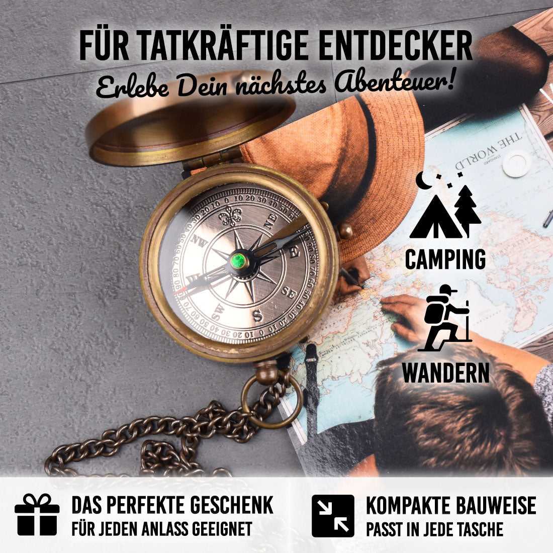 Personalisierter Outdoor-Kompass Messing | Gravur Name & Jahr | Adventure-Motiv
