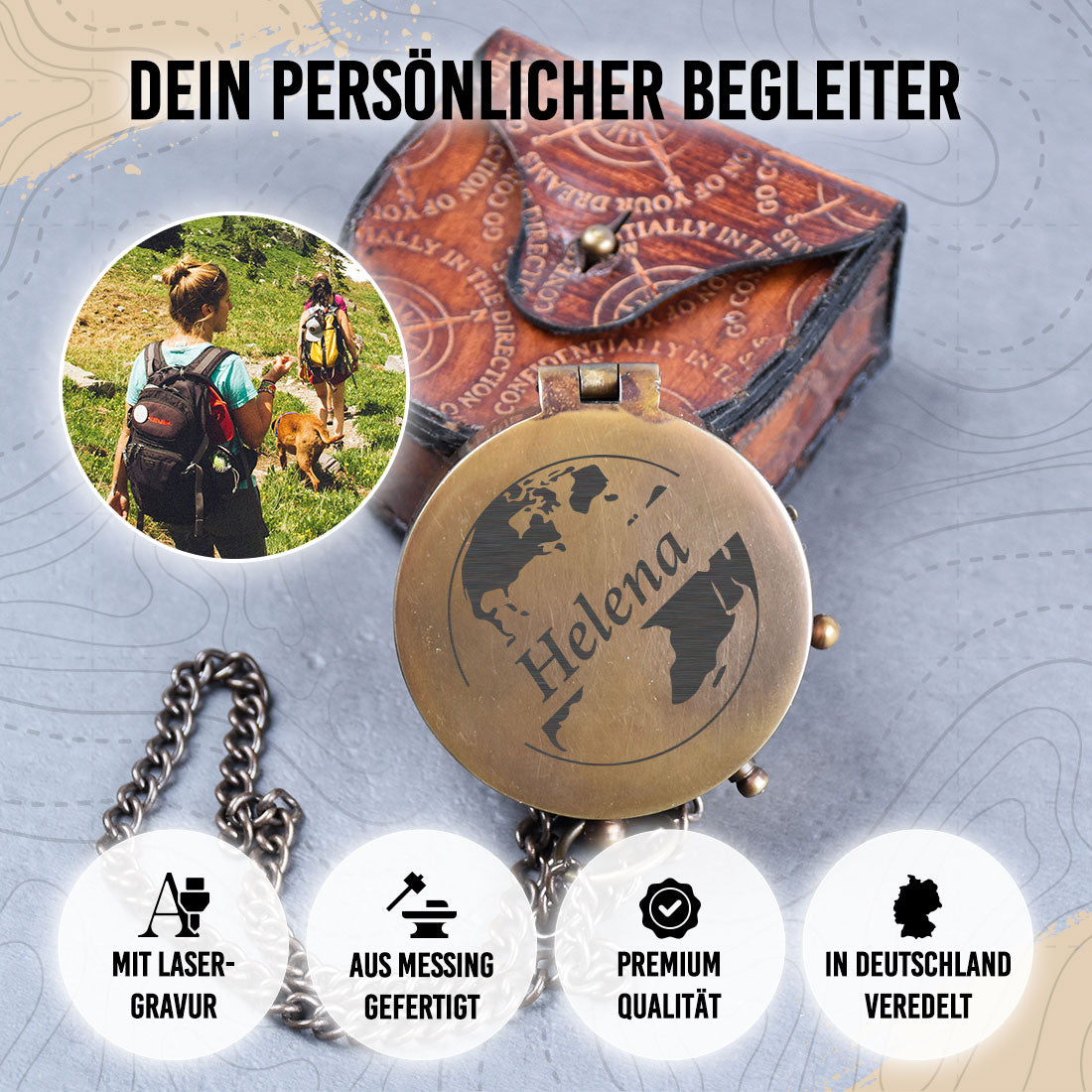 Messingkompass Weltkugel | Personalisierte Gravur Name | Reise-Geschenk