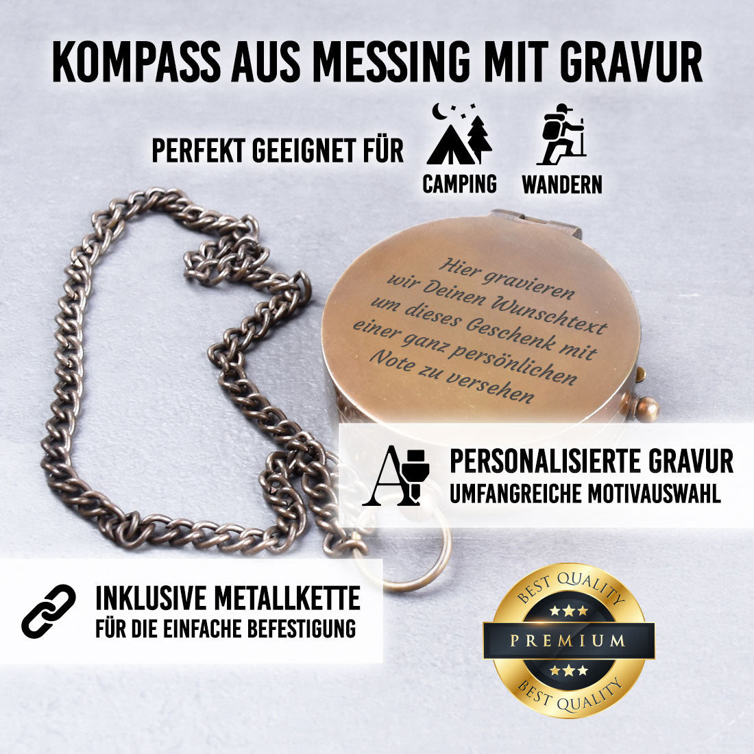 Messingkompass mit 5 Zeilen Wunschtext | Individuelle Gravur | Geschenk