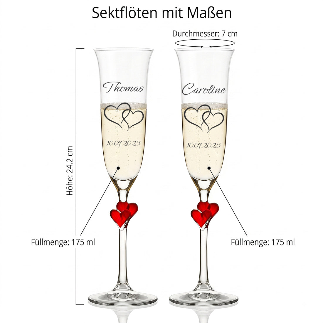 Sektgläser mit roten Herzen am Stiel & Gravur - Personalisierte Hochzeitsgläser (2er-Set)