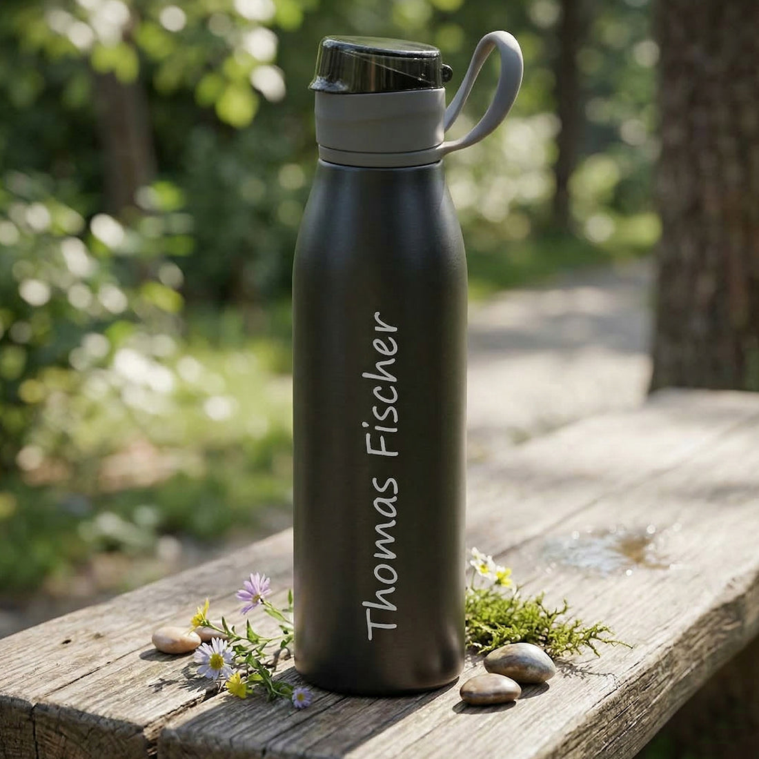 Trinkflasche schwarz 650ml mit Namensgravur - Produktfoto