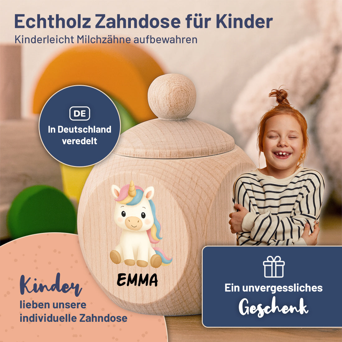 Personalisierte Milchzahndose aus Ahornholz mit Tiermotiv & Name - Zahndose aus Holz für Kinder mit Schraubverschluss