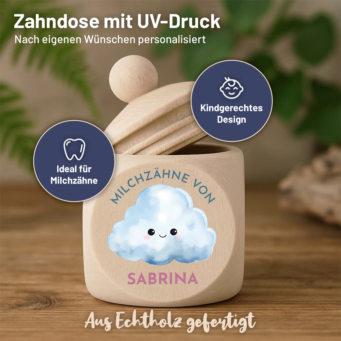 Zahndose aus Holz UV-Druck "Wolke" für Kinder