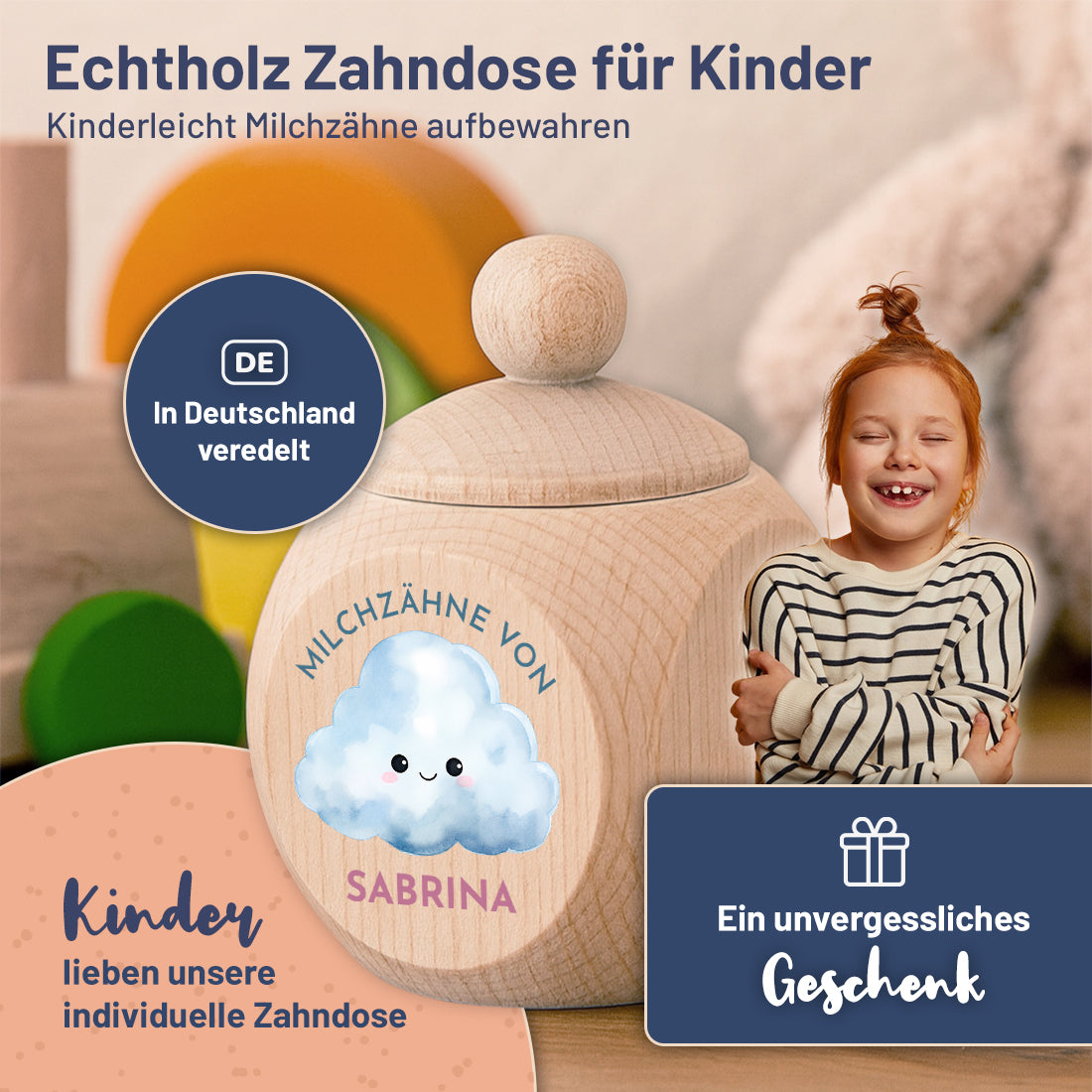 Zahndose aus Holz UV-Druck "Wolke" für Kinder