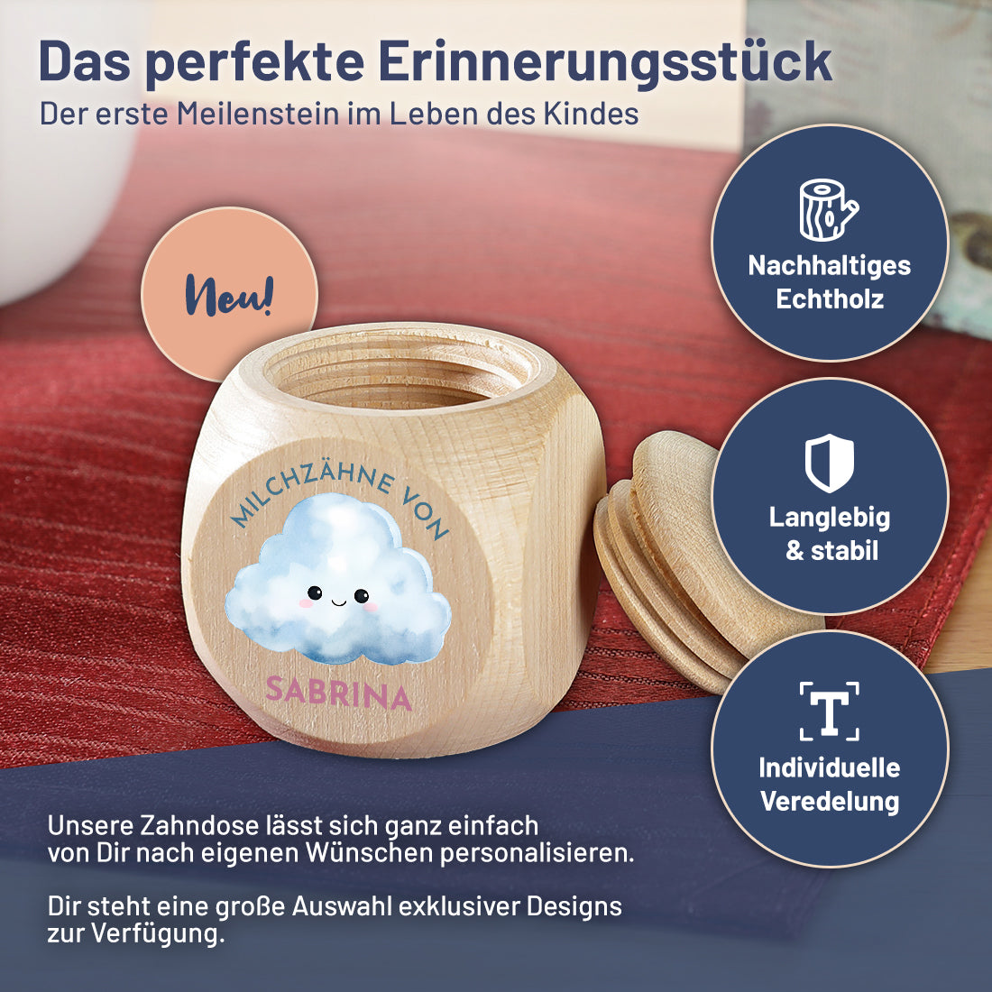 Zahndose aus Holz UV-Druck "Wolke" für Kinder