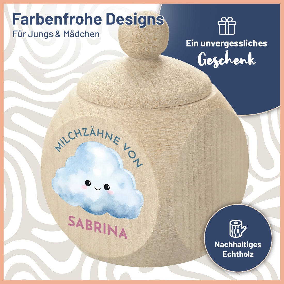 Zahndose aus Holz UV-Druck "Wolke" für Kinder
