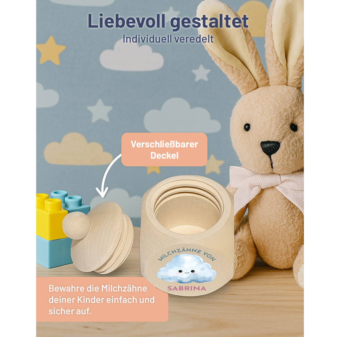 Zahndose aus Holz UV-Druck "Wolke" für Kinder