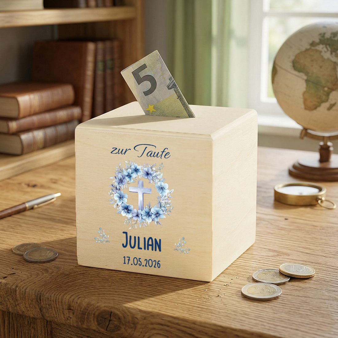 Personalisierte Spardose zur Taufe für Jungen - Holz Sparbüchse mit blauem Kreuz & Namen