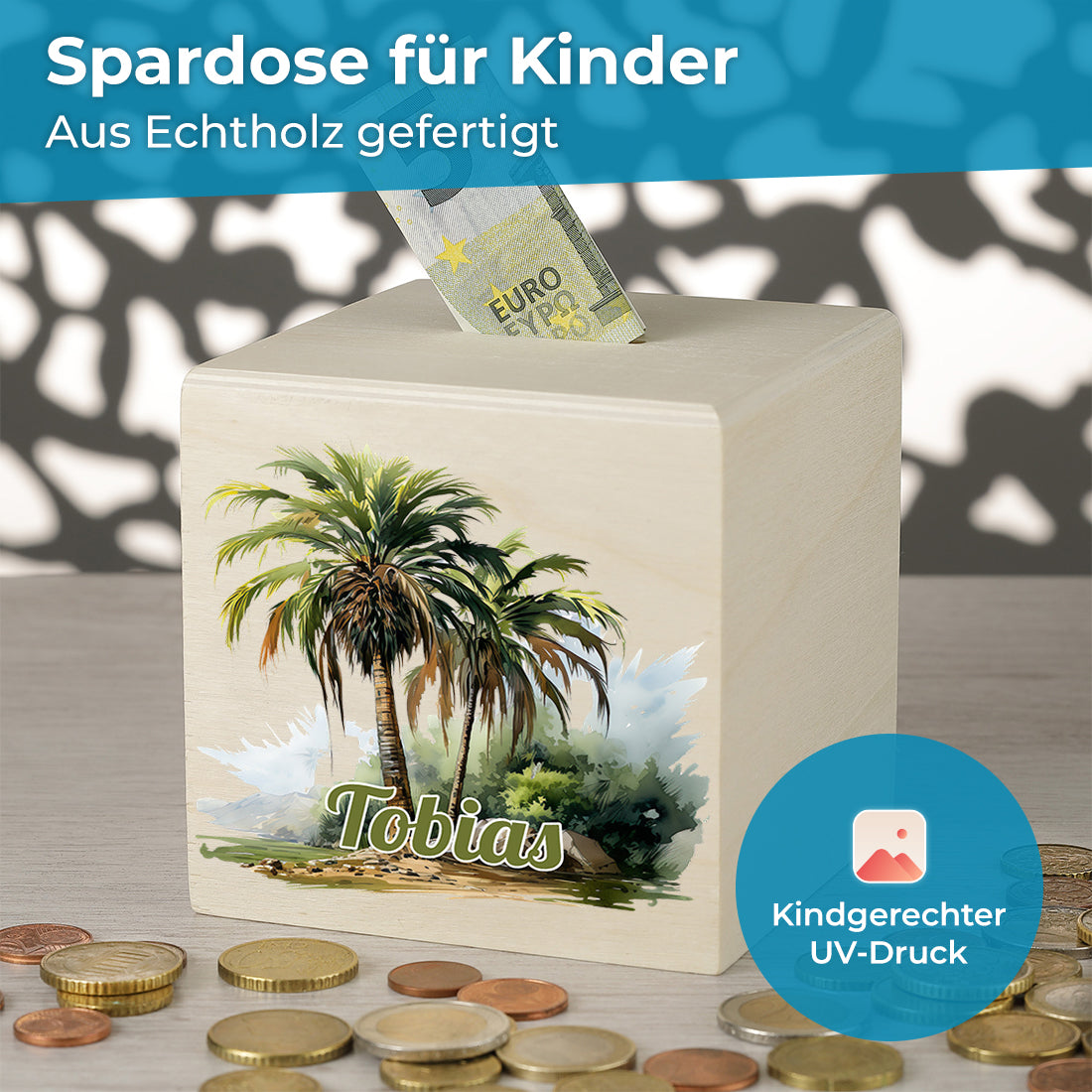 Spardose mit UV-Druck für Kinder - Motiv Palmen