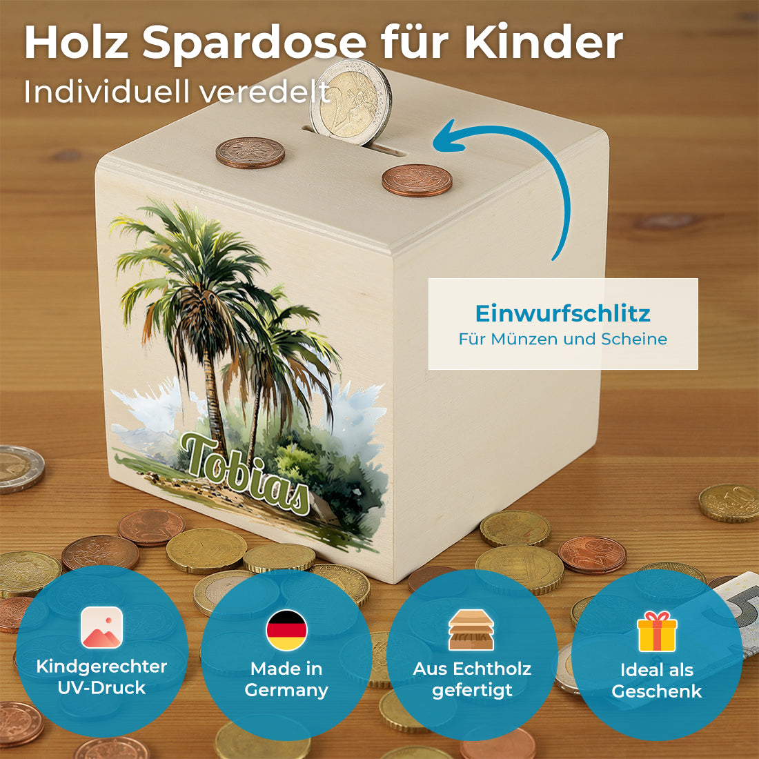 Spardose mit UV-Druck für Kinder - Motiv Palmen