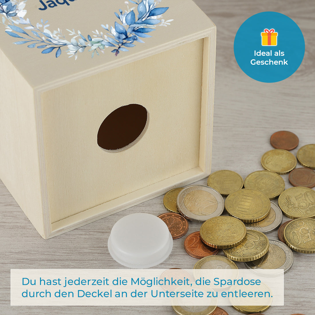 Holz Spardose für Mädchen personalisiert mit UV-Druck - Motiv "Blumenkranz"