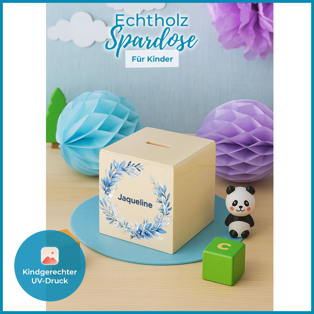 Holz Spardose für Mädchen personalisiert mit UV-Druck - Motiv "Blumenkranz"