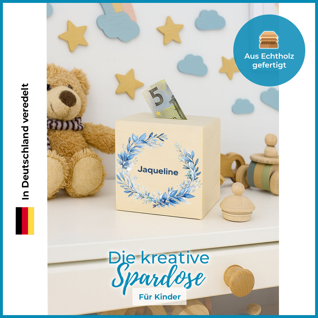 Holz Spardose für Mädchen personalisiert mit UV-Druck - Motiv "Blumenkranz"