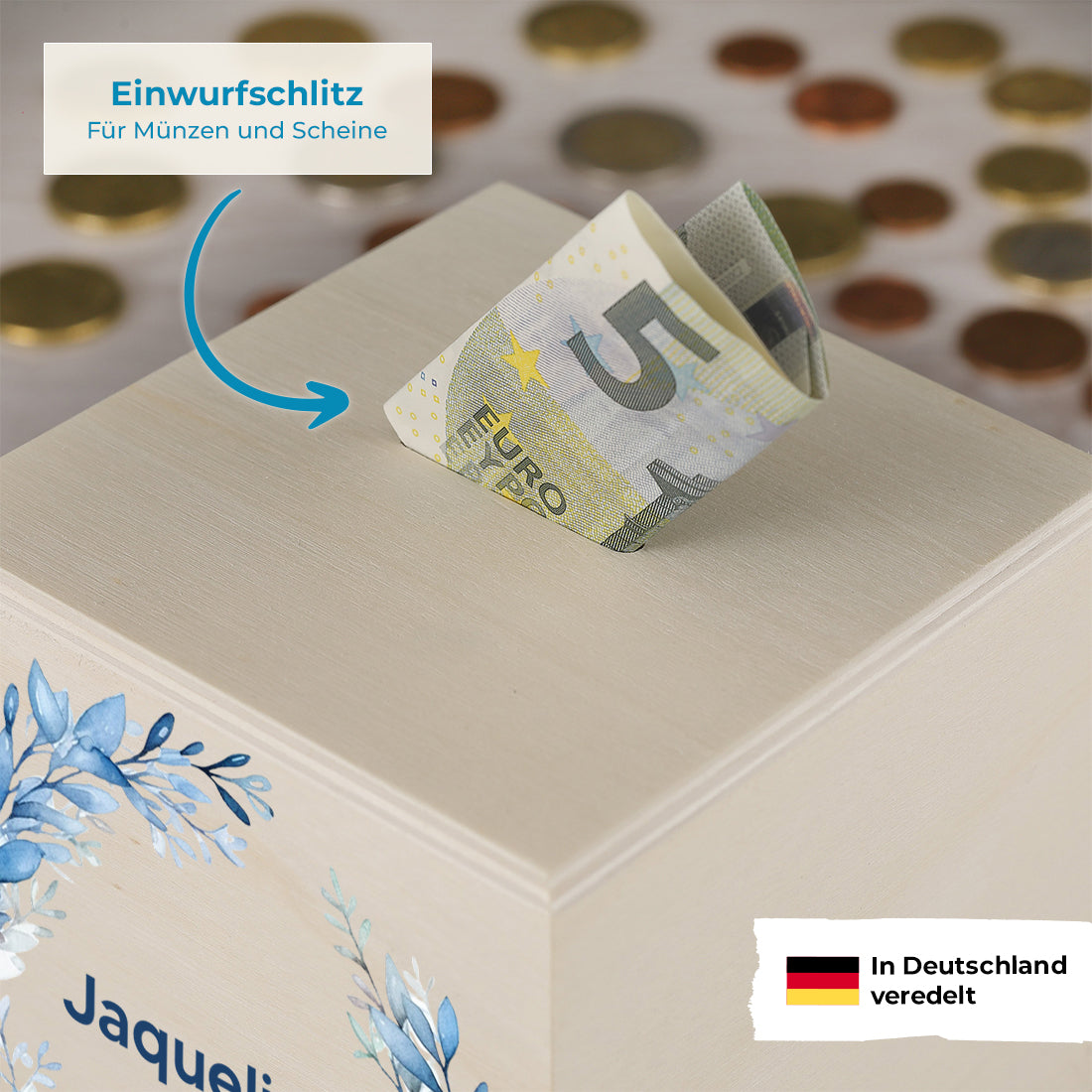 Holz Spardose für Mädchen personalisiert mit UV-Druck - Motiv "Blumenkranz"