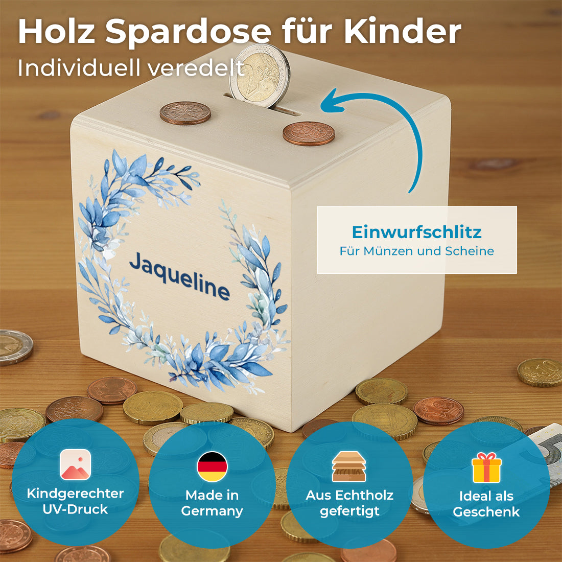 Holz Spardose für Mädchen personalisiert mit UV-Druck - Motiv "Blumenkranz"