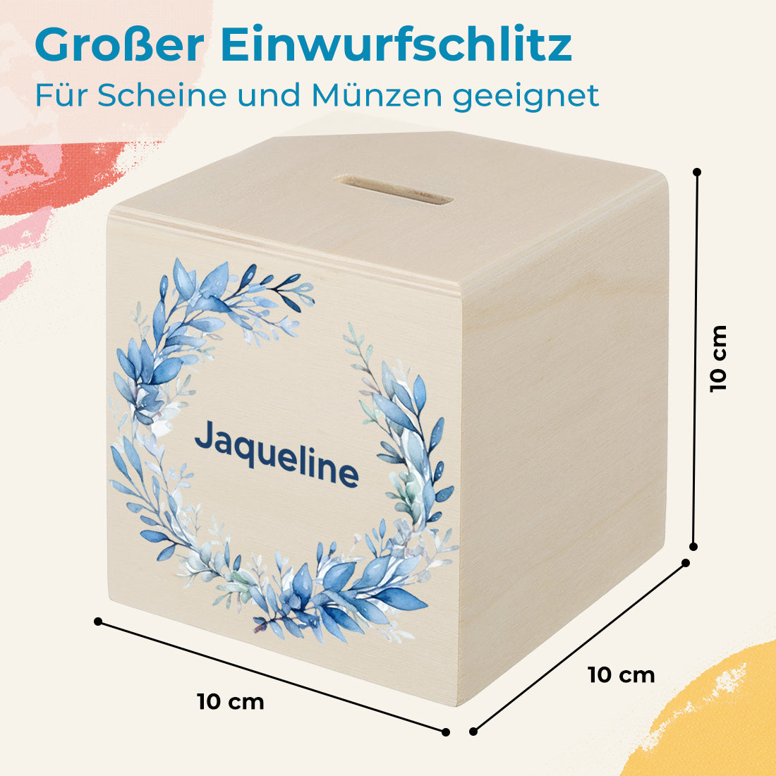 Holz Spardose für Mädchen personalisiert mit UV-Druck - Motiv "Blumenkranz"