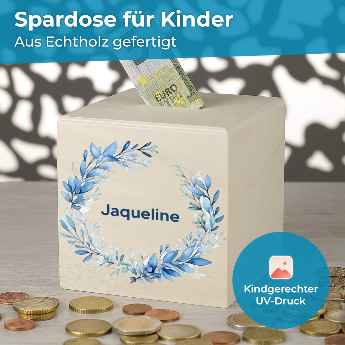 Holz Spardose für Mädchen personalisiert mit UV-Druck - Motiv "Blumenkranz"