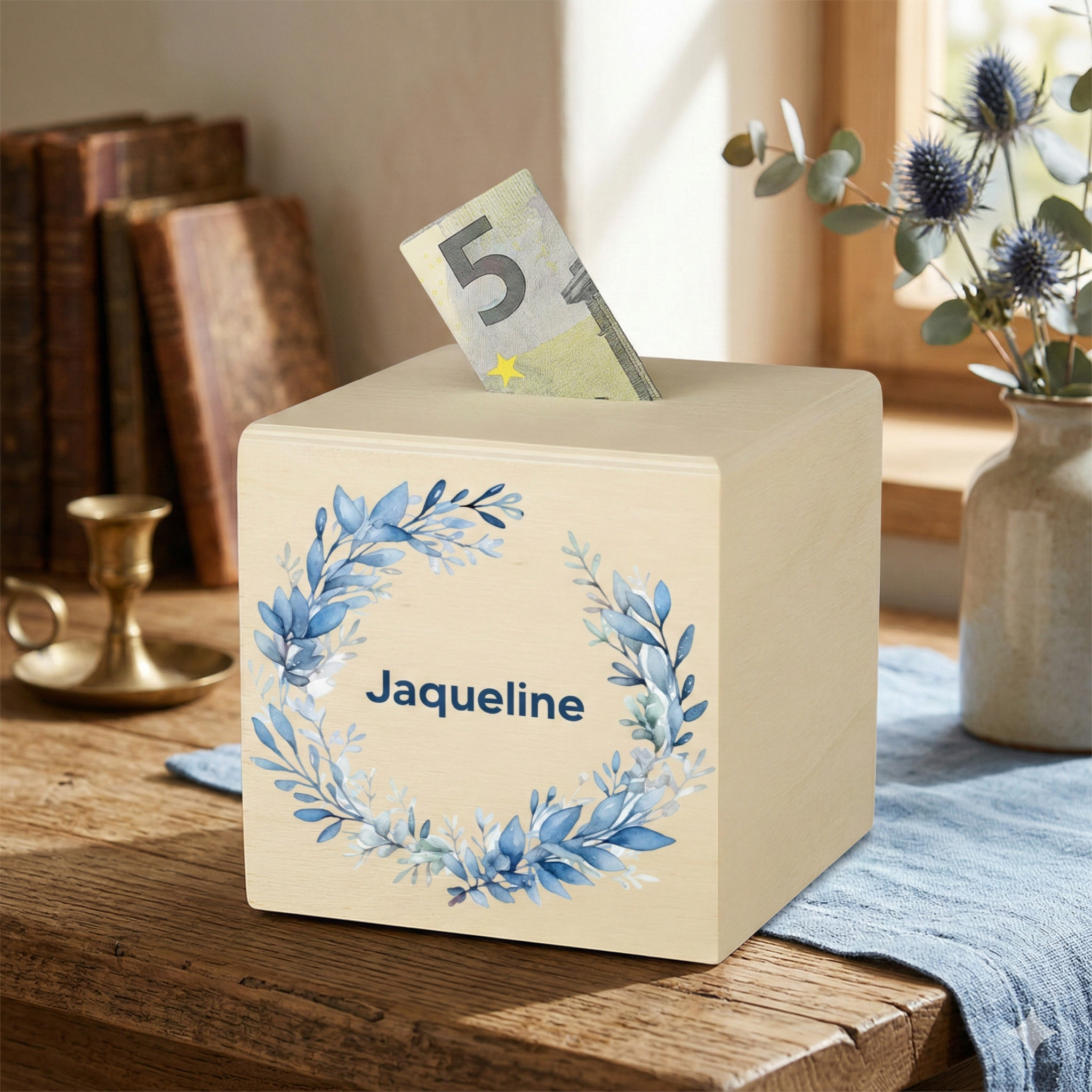 Holz Spardose für Mädchen personalisiert mit UV-Druck - Motiv "Blumenkranz"
