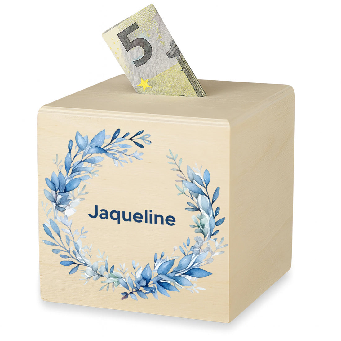 Holz Spardose für Mädchen personalisiert mit UV-Druck - Motiv "Blumenkranz"