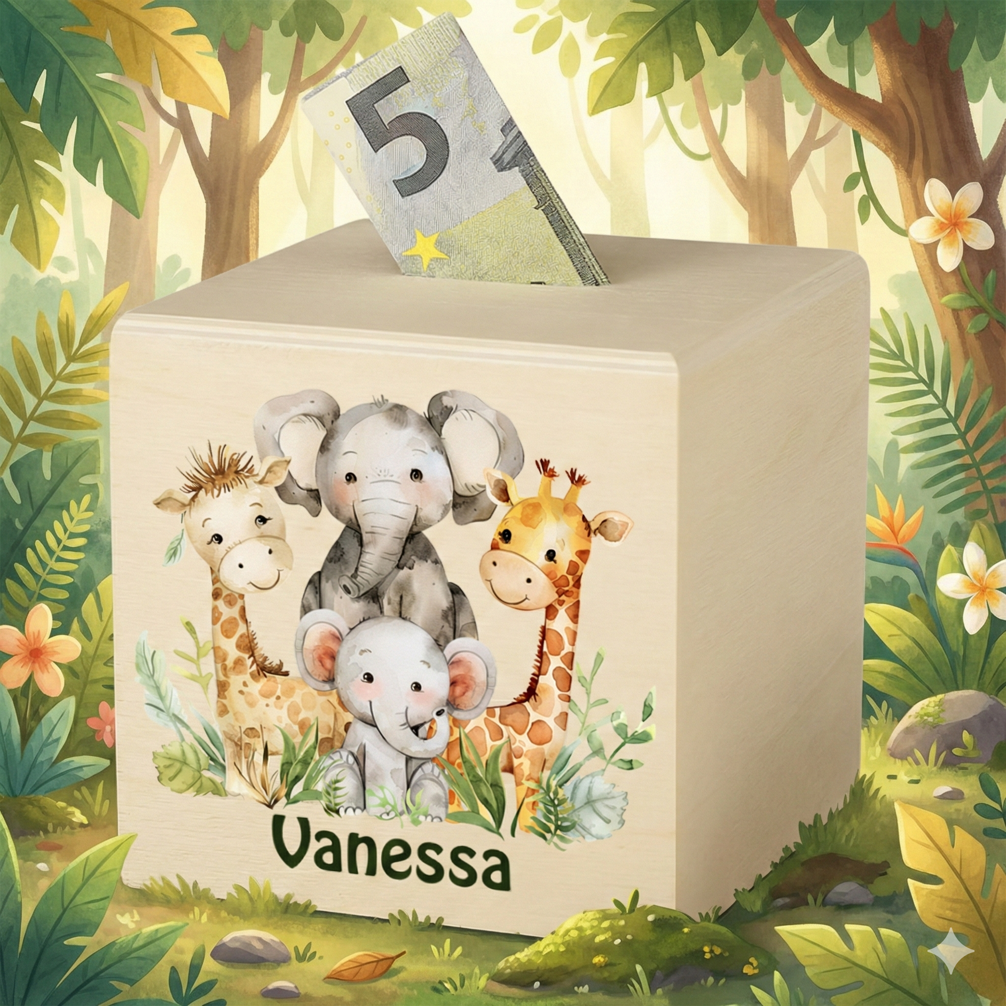 Personalisierte Spardose für Kinder Motiv "Tiersafari" - personalisiert