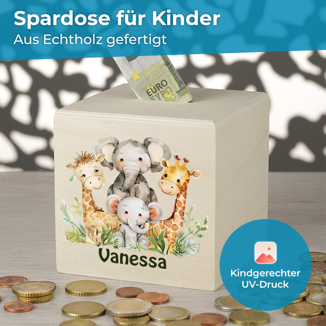 Personalisierte Spardose für Kinder Motiv "Tiersafari" - personalisiert